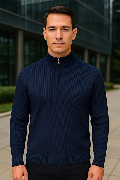 Maccali Чоловічий светр з коміром на блискавці, темно-синій, трикотажний