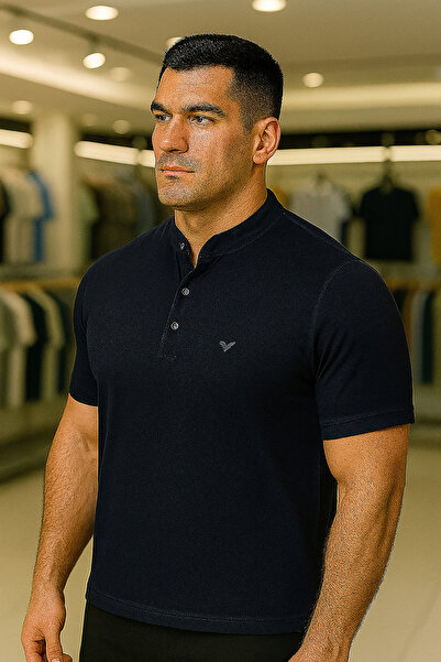 Maccali Men's Plus Size Basic Polo Neck Navy Blue T-Shirt