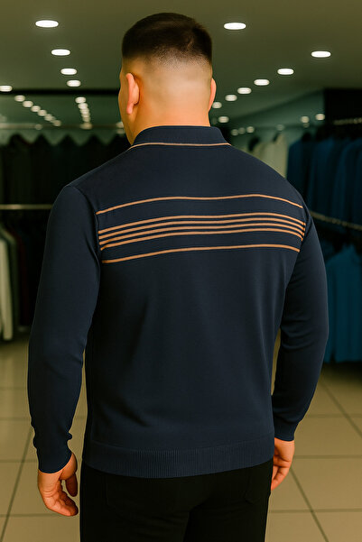 Maccali Ανδρικό φούτερ με φερμουάρ με ρίγες σε μπλε ναυτικό χρώμα