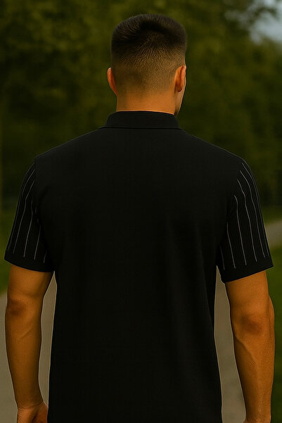 Maccali Men's Striped Loose Black Linen Polo Collar T-Shirt