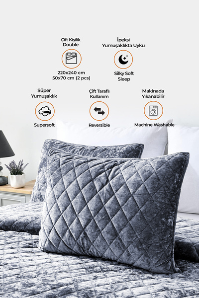Evlen Home Collection Двоспальний комплект покривал з капітоне з оксамиту - Supersoft 3 частини, сірий, з м'яким наповнювачем з м'якого волокна