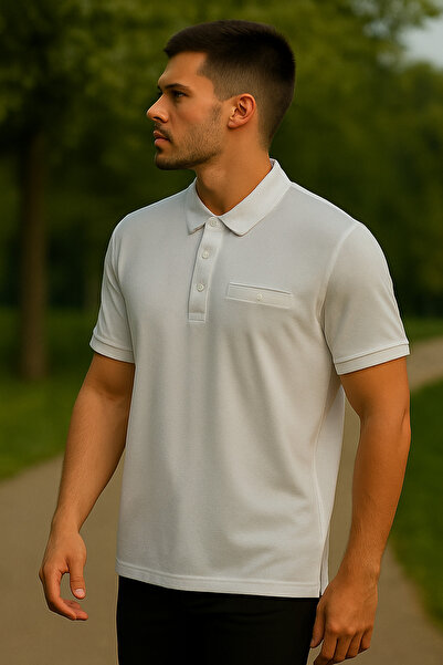 Maccali Ανδρικό μπλουζάκι Basic μακρύ απλό λευκό γιακά πόλο με τσέπες