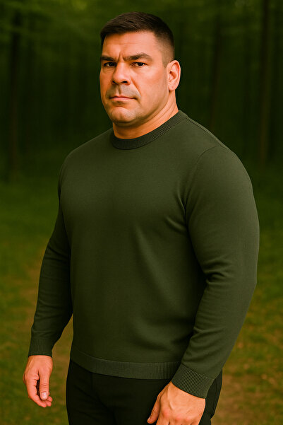 Maccali Men's Plus Size Loose Basic Khaki Sweat Sweater