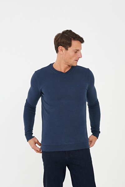 Maccali Ανδρικό μακρύ μασίφ μπλε φούτερ RelaxFit Winter V λαιμόκοψη