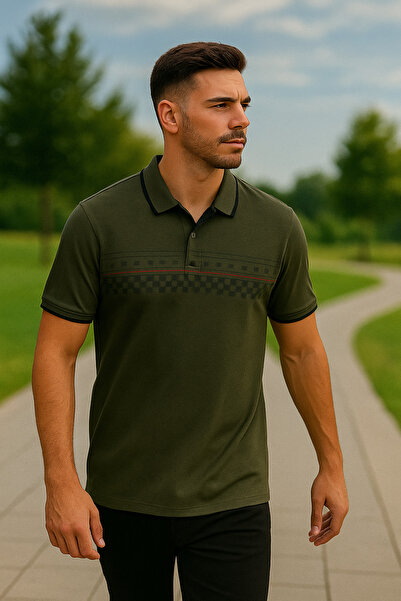 Maccali Men's Short Sleeve Patterned Khaki Polo Neck T-Shirt