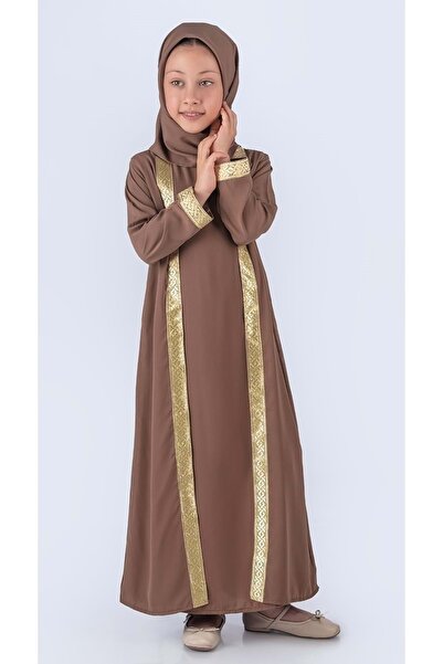 Mnk Baby&Kids Medine İpek Kumaş Eşarplı Tesettür Namaz Elbise M00742 KAHVERENGİ