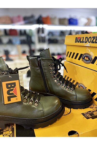 Bulldozer Genuine Leather Khaki Green Furry Inside Zippered Lace Up Orthopedic Women's Boots