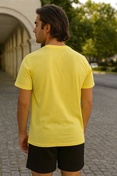 Maccali Men's Crew Neck Text Print Short Sleeve Yellow T-Shirt