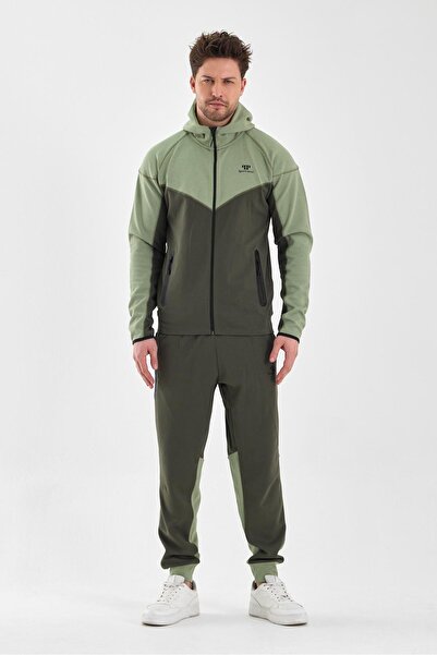 Piyera Men's Khaki Green Tracksuit Set - Double Face Hood with Zippered Pockets and Elastic Legs - 7763