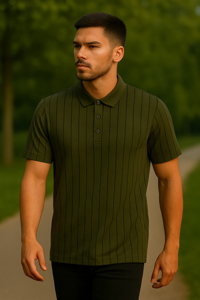 Maccali Ανδρικό ριγέ φαρδύ λευκό μπλουζάκι με γιακά πόλο χακί