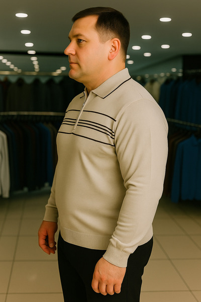 Maccali Erkek Büyük Beden Çizgili Krem Polo Fermuarlı Sweat