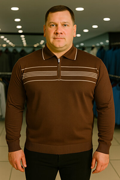 Maccali Men's Plus Size Striped Brown Polo Zipper Sweatshirt