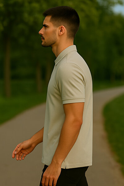 Maccali Men's Basic Long Plain Ecru Polo Neck T-Shirt with Pockets