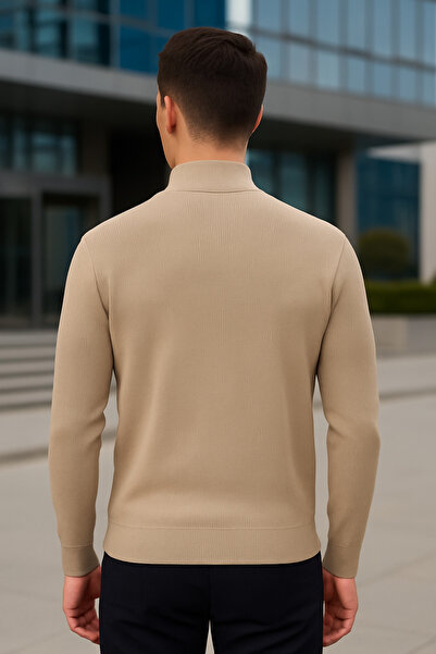 Maccali Erkek Boğazlı Fermuarlı Krem Sweatshirt Triko Kazak