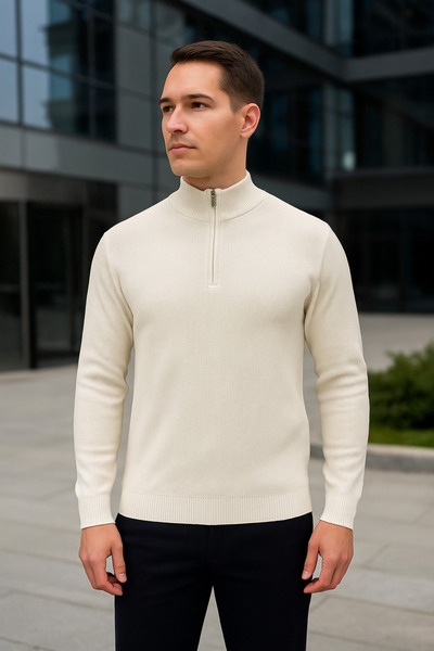 Maccali Ανδρικό πλεκτό πουλόβερ με φερμουάρ σε λευκό χρώμα