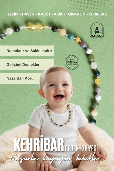 OSMANLI DOĞAL TAŞ Sertifikalı Bebek Kehribar Kolye-Kehribar-Kalsit-Yeşim-Havl...