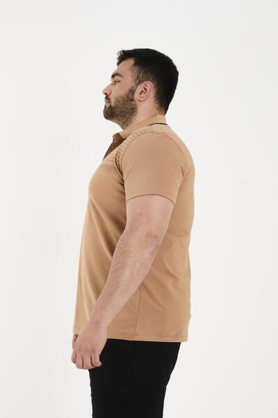 Maccali Men's Patterned Basic Large Size Short Sleeve Oversize Polo Neck T-Shirt Beige