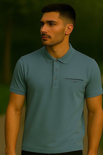 Maccali Ανδρικό μπλουζάκι Basic Long Plain Blue Polo με τσέπες