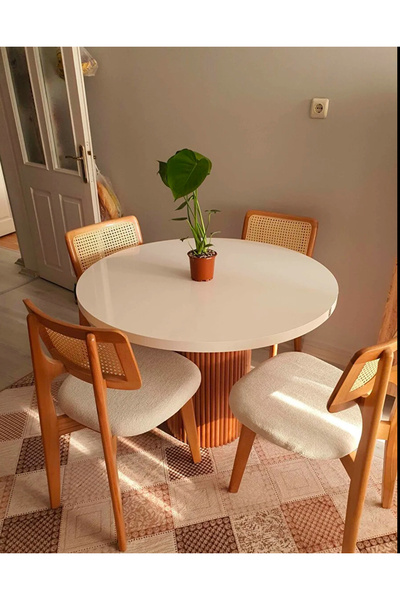 holzwelt Yuvarlak Ahşap Masa Takımı Bohem 4 Kişilik Mutfak Masa Sandalye Takımı İskandinav