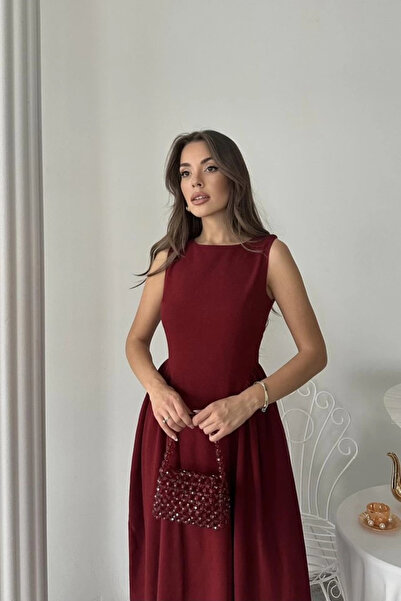 Genel Markalar Bordo Yanları Büzgülü Midi Boy Keten Elbise