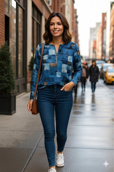 ARONA Mdb Women's Long Sleeve Zippered Neck Denim Look Patterned Long Modal Blouse