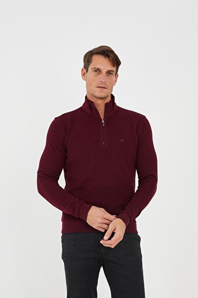 Maccali Men's High Top Half Zipper Fisherman Basic Long Burgundy Sweatshirt