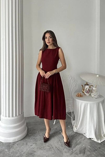 Genel Markalar Bordo Yanları Büzgülü Midi Boy Keten Elbise