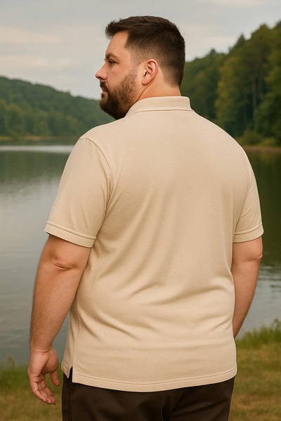 Maccali Men's Patterned Large Size Loose Cream Polo Neck T-Shirt