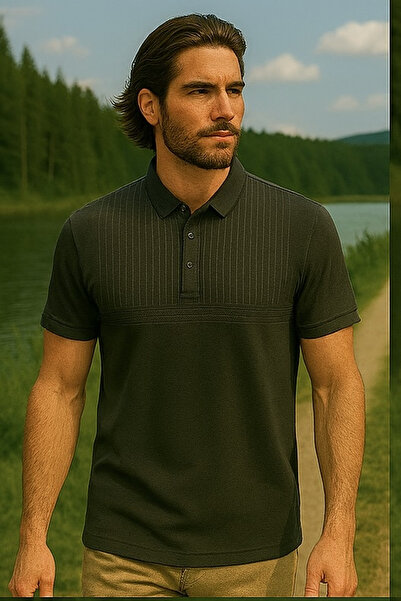 Maccali Men's Large Size Loose Patterned Khaki Polo Neck T-Shirt