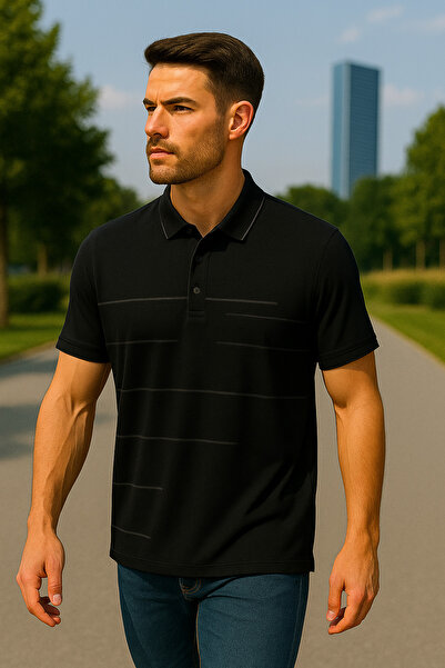 Maccali Men's Striped Cotton Black Polo Neck Basic T-Shirt