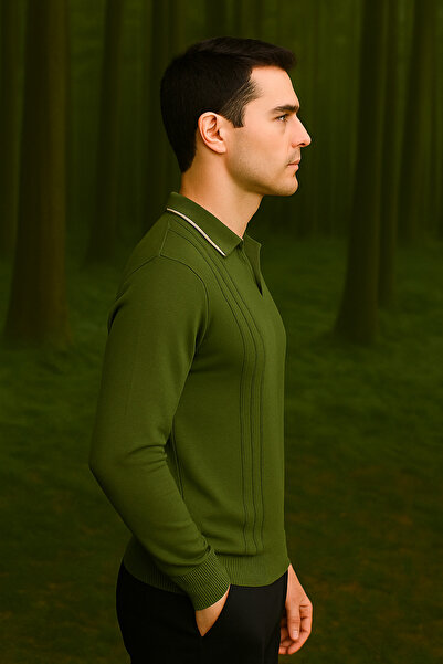 Maccali Erkek Polo Yaka Çizgili Basic Bol Haki Kışlık Kazak