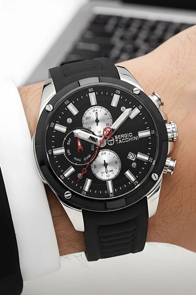 Sergio Tacchini Premium Lüx Erkek Kol Saati Siyah Silikon Kordon Gümüş Renk K...