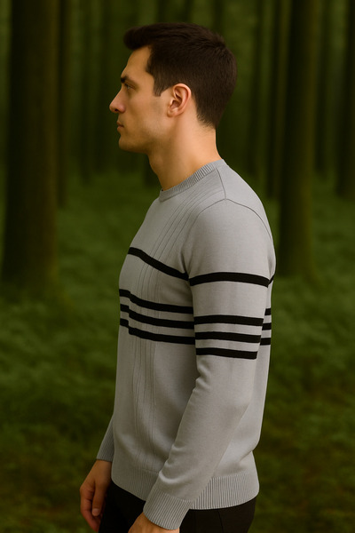 Maccali Ανδρικό χειμερινό πουλόβερ με ριγέ μακρυμάνικο γκρι πλεκτό