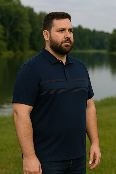 Maccali Men's Patterned Large Size Loose Navy Blue Polo Neck T-Shirt