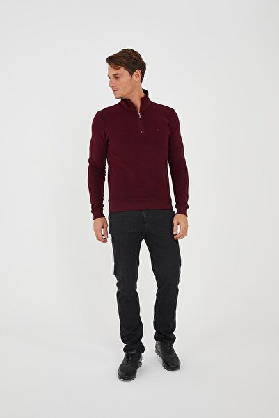 Maccali Men's High Top Half Zipper Fisherman Basic Long Burgundy Sweatshirt