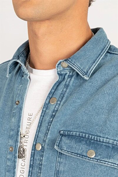 Tudors Unisex Oversize Geniş Kesim Denim Kot Çift Cepli Mavi Overshirt Ceket Tarzı Gömlek