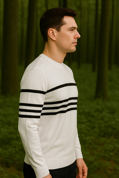 Maccali Ανδρικό ριγέ μακρυμάνικο λευκό πλεκτό χειμωνιάτικο πουλόβερ