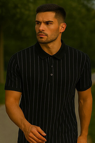 Maccali Men's Striped Loose Black Linen Polo Collar T-Shirt