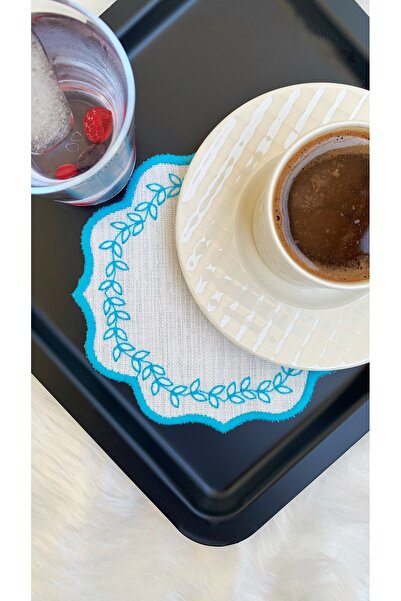 İNCİ ÇEYİZ 6 Pieces Linen Fabric Embroidered Coffee Side Cocktail Napkin & Coasters
