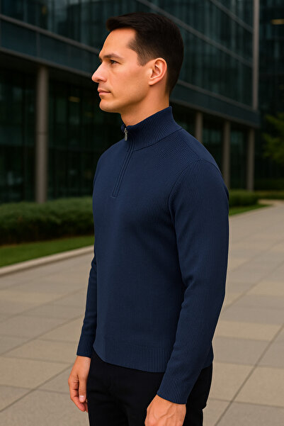 Maccali Чоловічий светр з коміром на блискавці, темно-синій, трикотажний