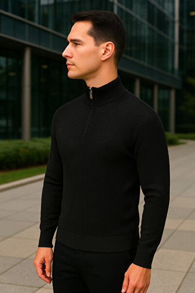 Maccali Чоловічий чорний светр з коміром і застібкою-блискавкою