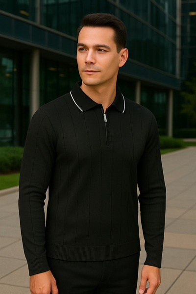 Maccali Чоловічий смугастий чорний светр з коміром-поло та застібкою-блискавкою