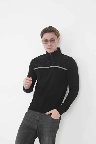 Maccali Men's Urbanedge Striped Zippered Throat Black Sweatshirt