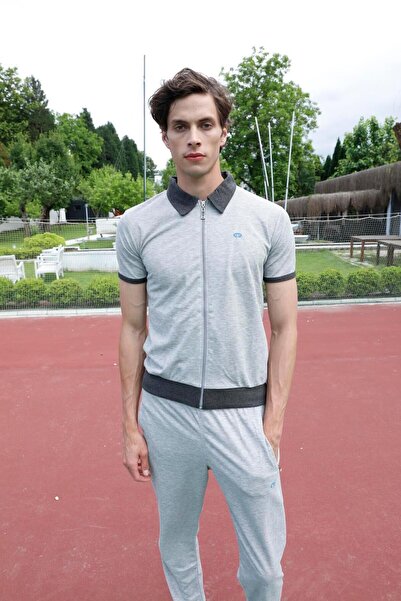 Piyera Men's American Pique Fabric Polo Neck Zippered Short Sleeve Gray Melange Tracksuit Set - 7647