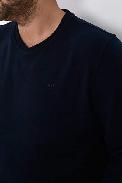 Maccali Men's Large Size V-Neck Oversized Basic Navy Blue Sweatshirt