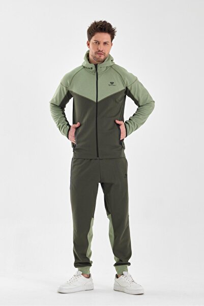 Piyera Men's Khaki Green Tracksuit Set - Double Face Hood with Zippered Pockets and Elastic Legs - 7763