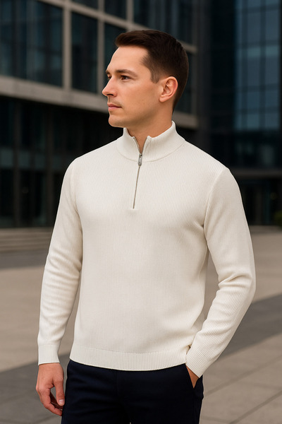 Maccali Ανδρικό πλεκτό πουλόβερ με φερμουάρ σε λευκό χρώμα