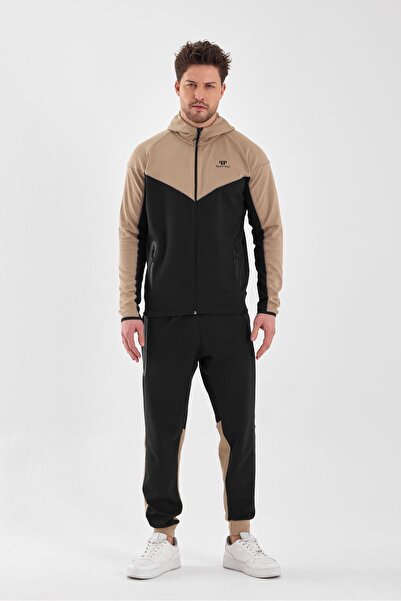Piyera Men's Navy Blue Beige Tracksuit Set - Pocket, Elastic Leg, Hood, Zippe...