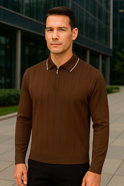 Maccali Мъжка раирана суитшърт с поло яка и цип