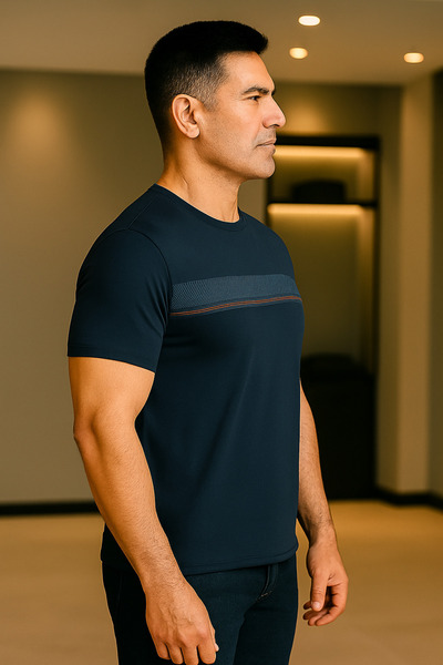 Maccali Men's Patterned Short Sleeve Large Size Loose Navy T-Shirt